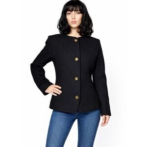 Vintage 1980s Donna Fredericks Black Wool Collarless Military Button Jacket S